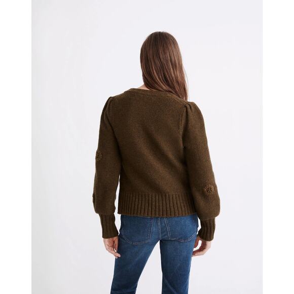 Madewell Embroidered Edencroft Pleat-Sleeve Cardigan Sweater Heather Spinach XS - Picture 3 of 9